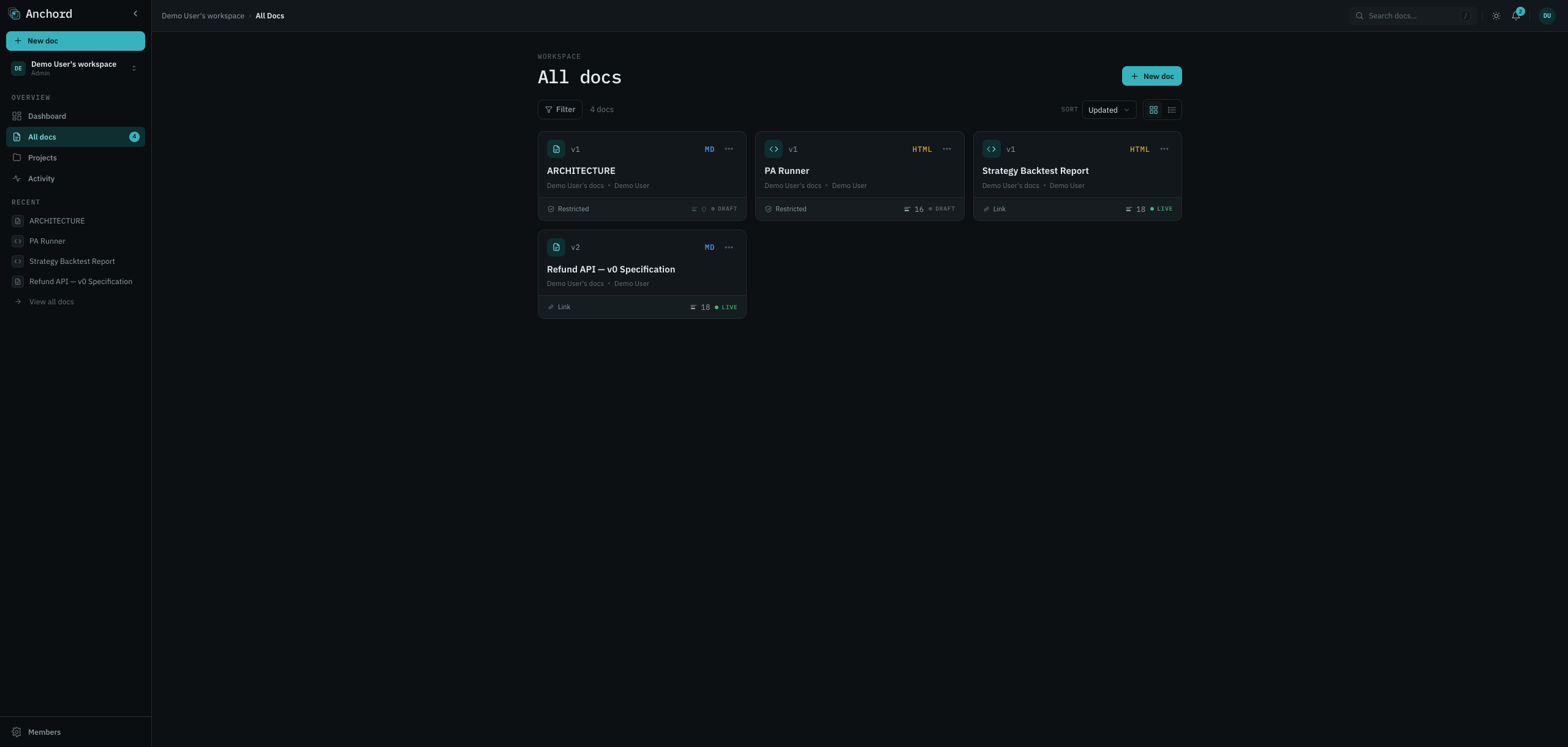 The doc card menu with a Delete action.
