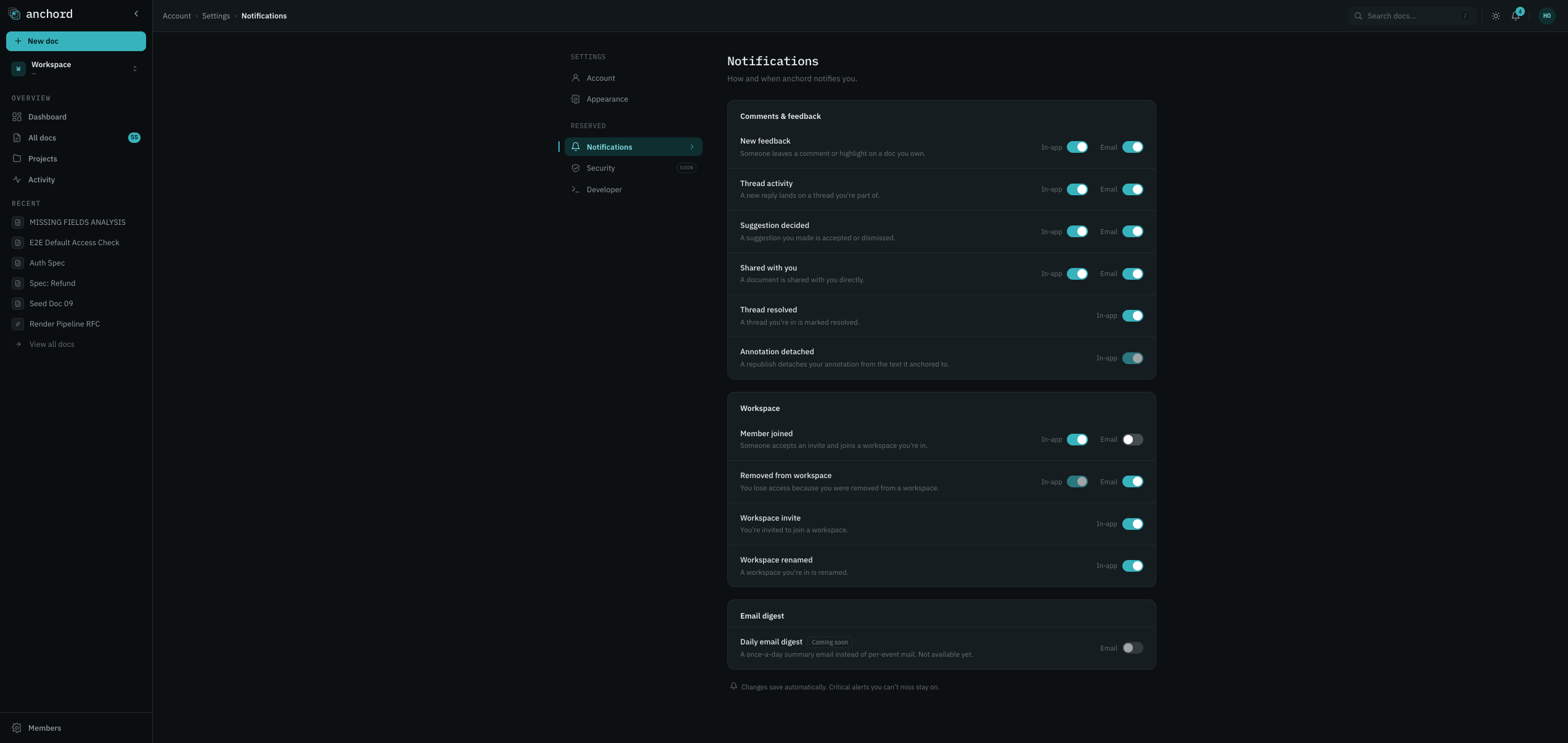 The notification preferences section.